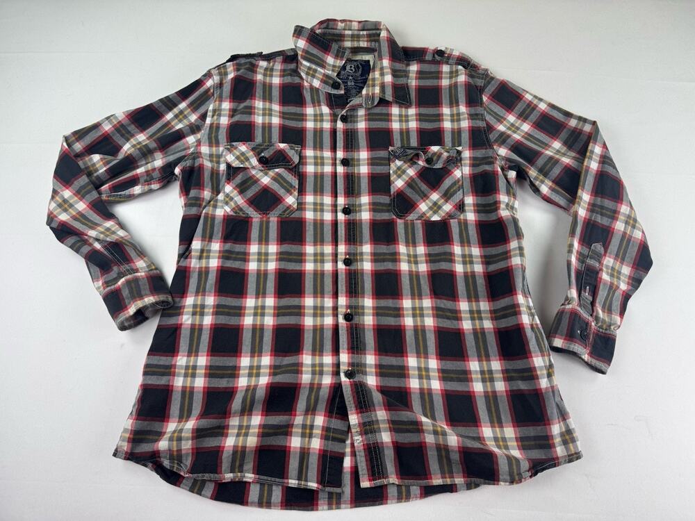 B-Society Plaid Button Up Shirt 3XL Red Gray Black Long Sleeve